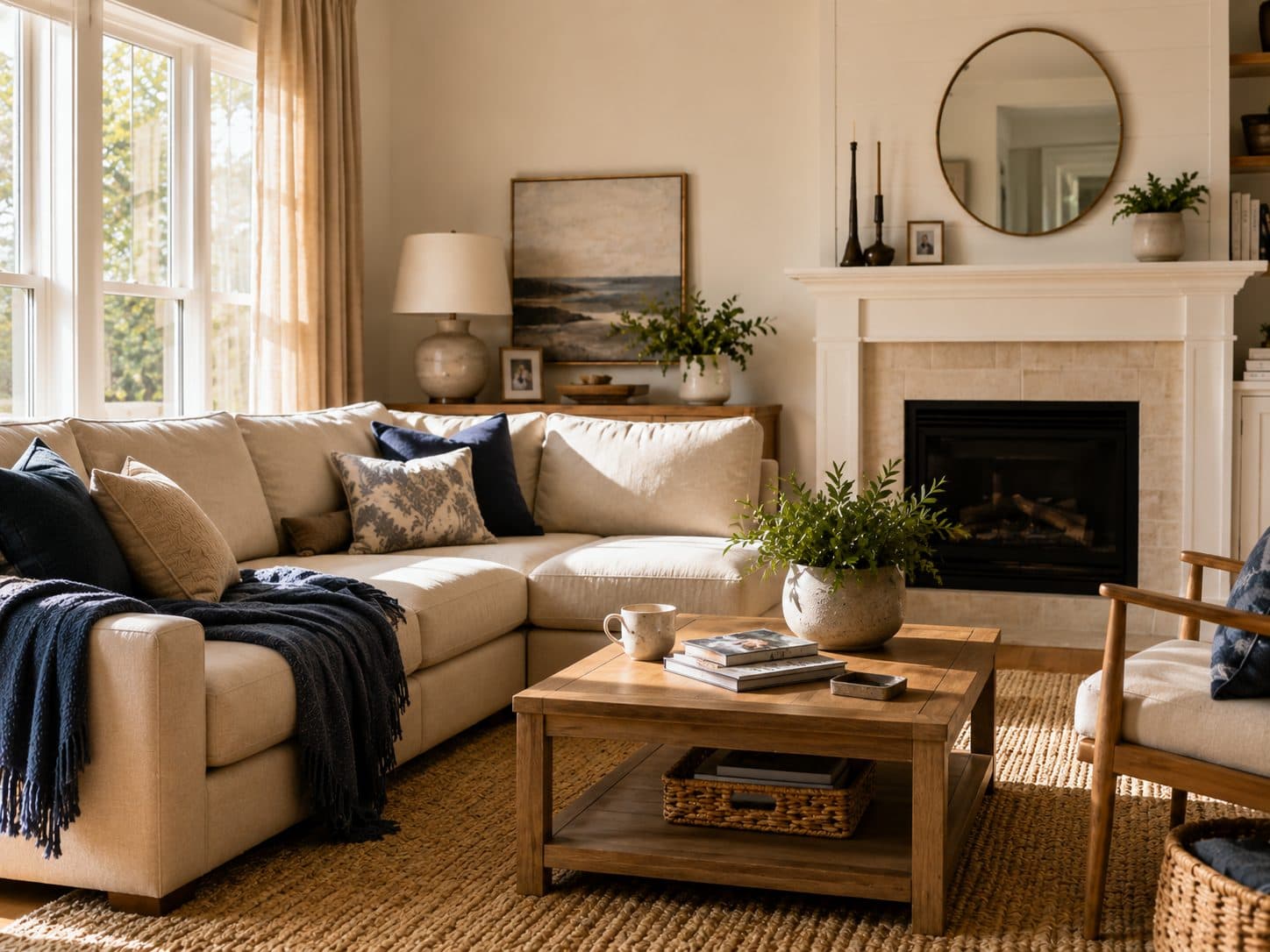 A warm, lived-in living room, freshly cleaned