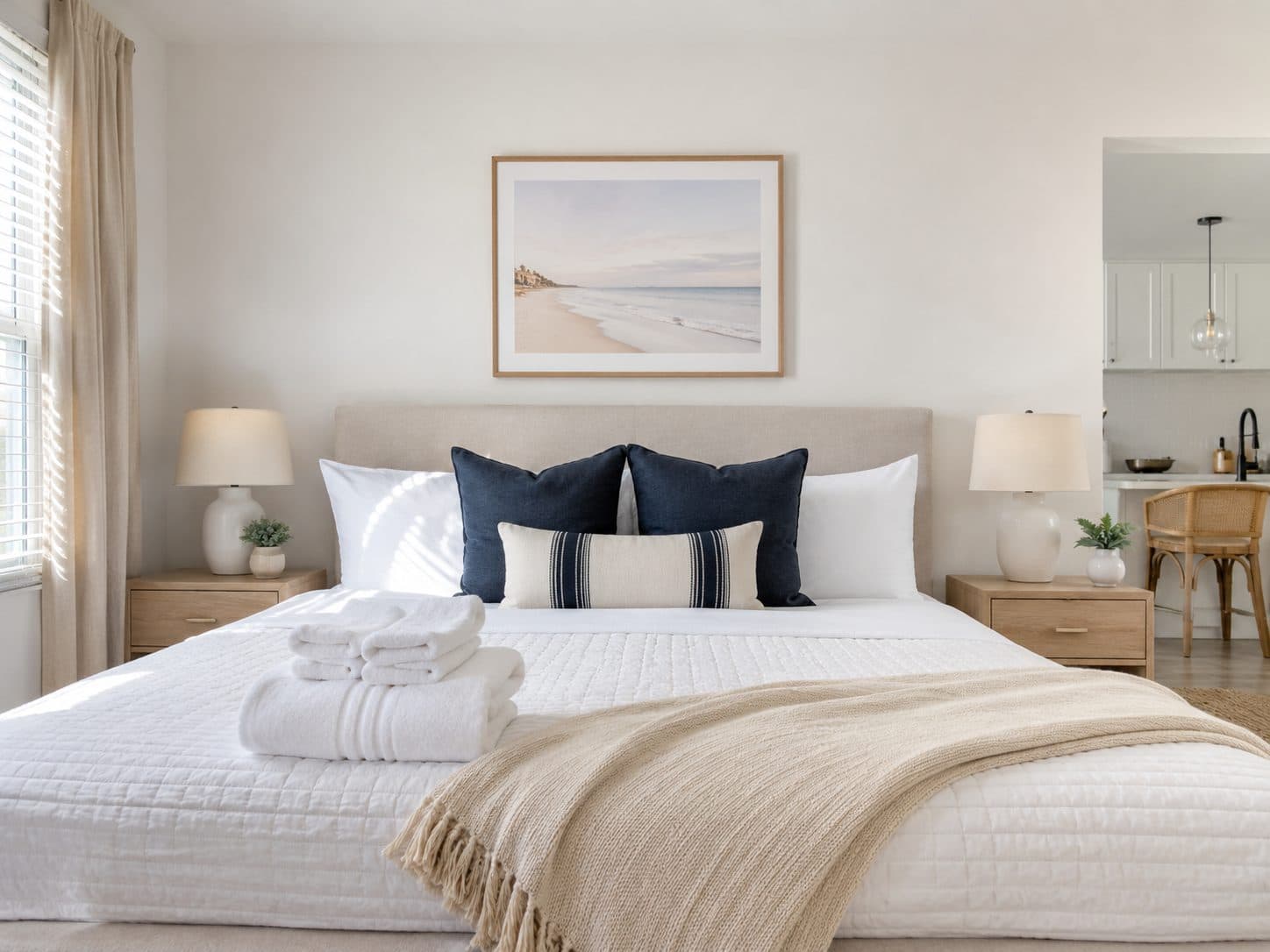 A crisp, staged short-term rental bedroom with fresh towels, ready for check-in